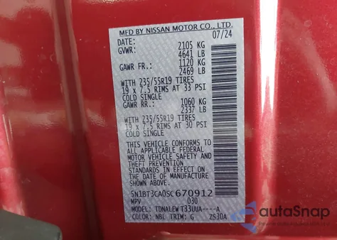 2025 Nissan Rogue Sl Fwd из США, поврежденный, VIN 5N1BT3CA0SC670912